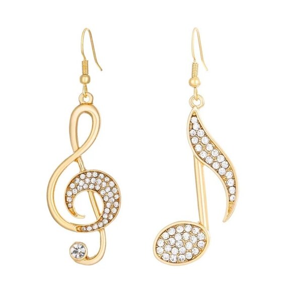 2/$24 Music Note & Treble Clef Gold Dangle Earrings With Rhinestones - Picture 1 of 6